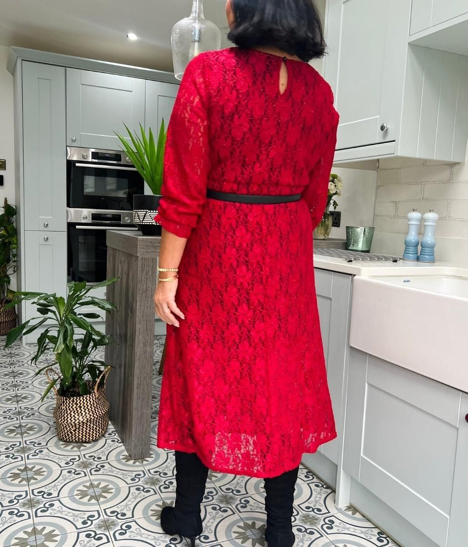 Red Lace Overlay Midi Dress