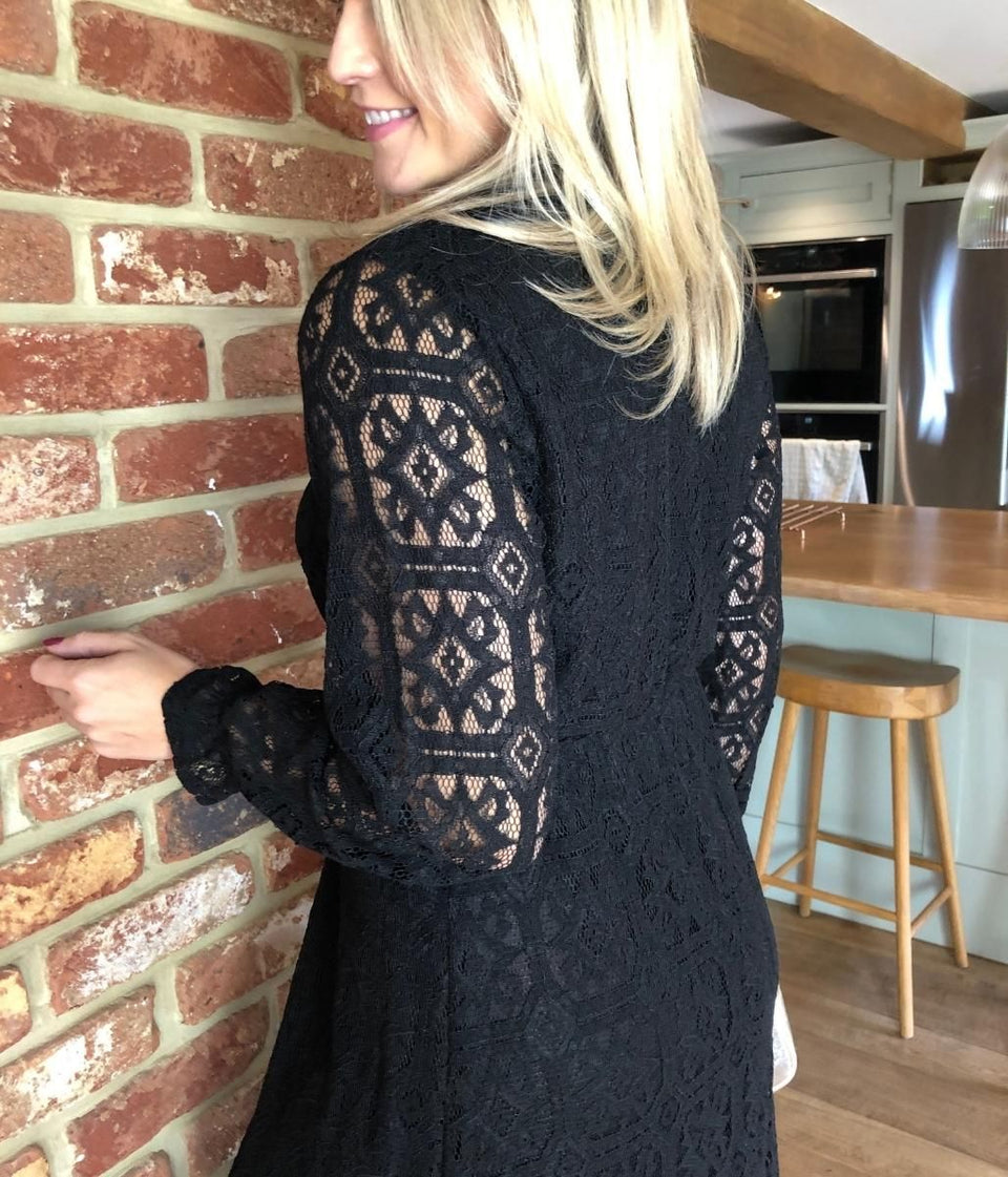 Black Lace Overlay Midi Dress