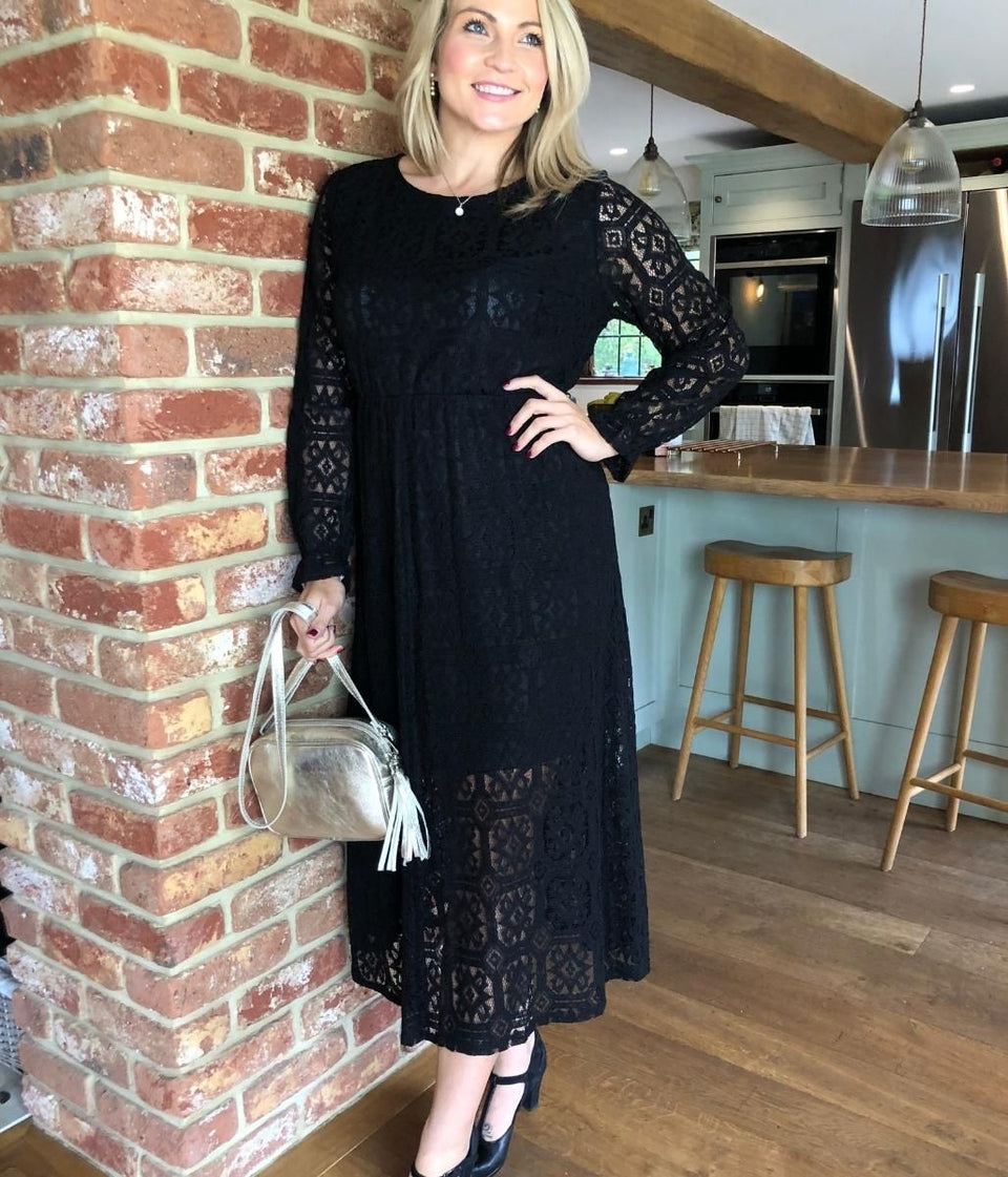 Black Lace Overlay Midi Dress