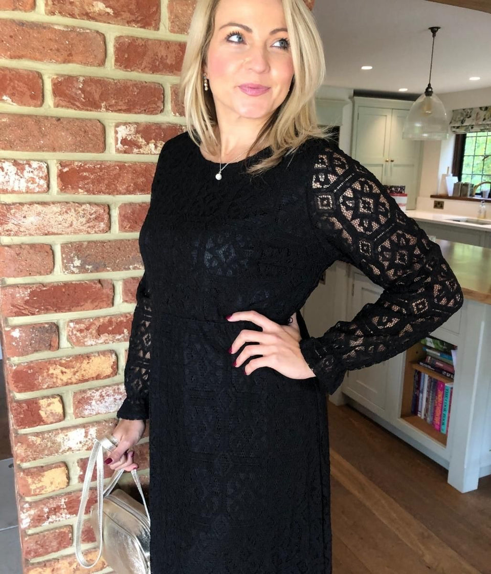 Black Lace Overlay Midi Dress