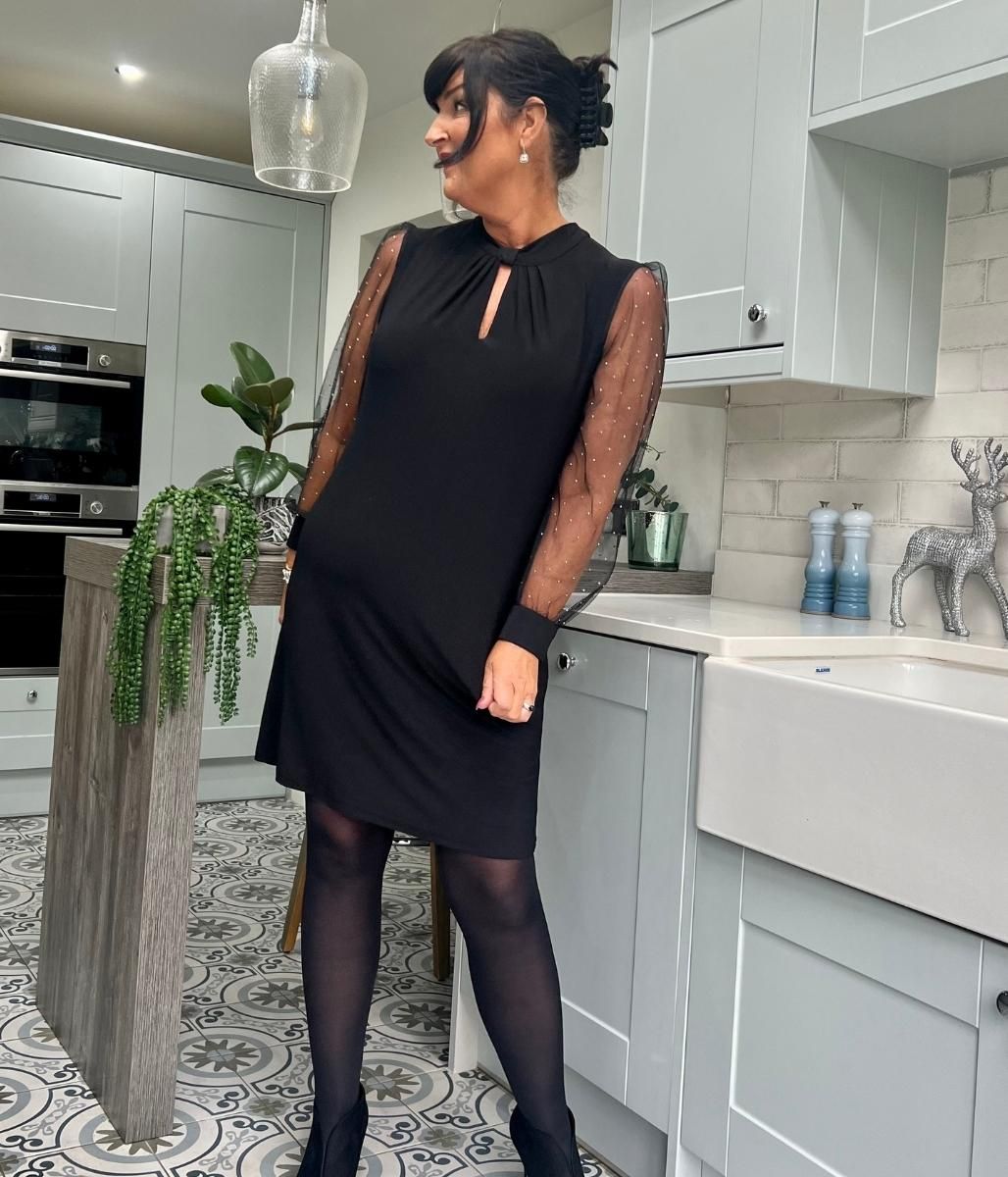 96100 Black Carla Ruiz Sequin Evening Dress With Sleeves | Fab Frocks