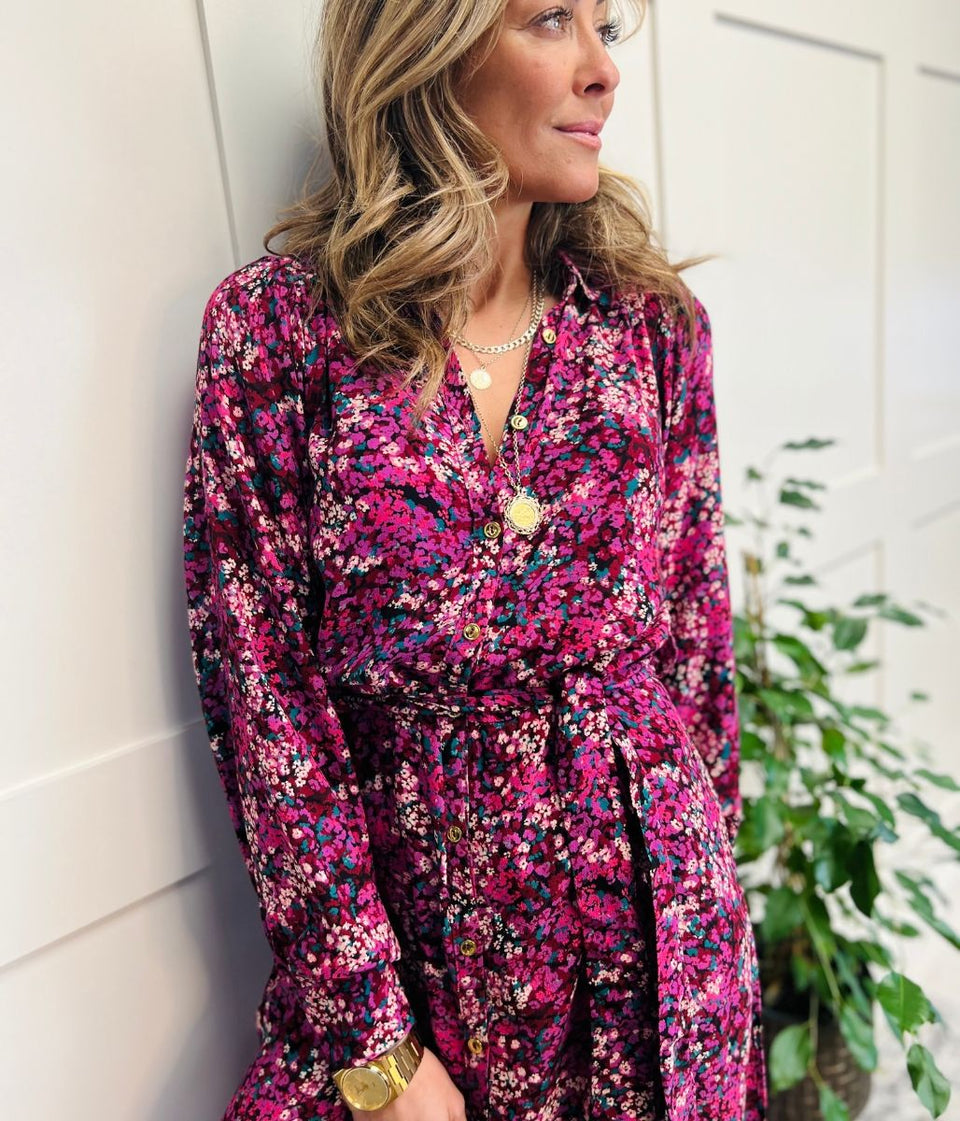 Berry Floral Print Midi Shirt Dress