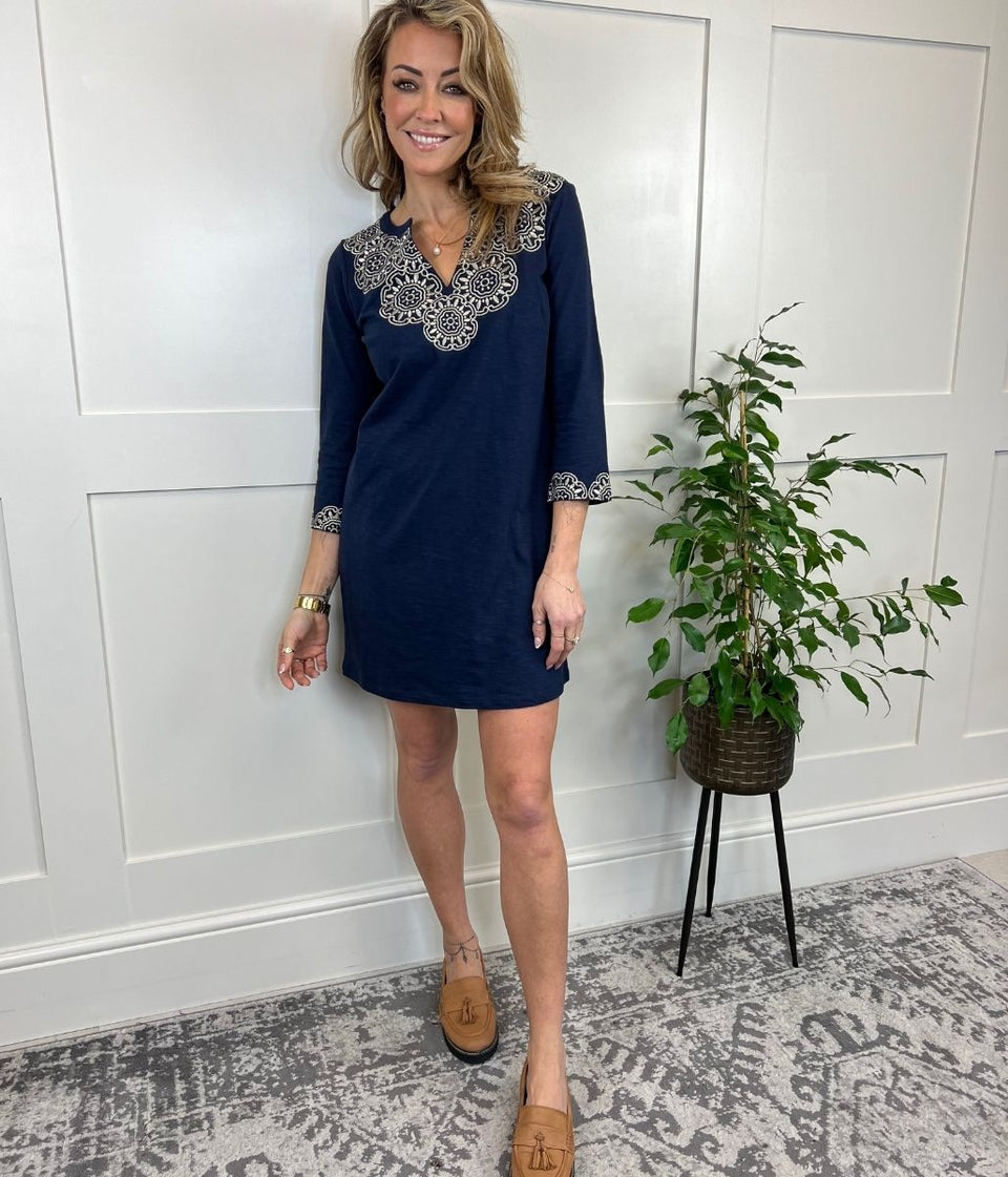 Navy Embroidered Tunic Dress