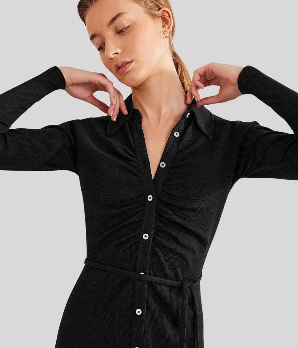 Black Buttoned Ribbed Midi Shirt Dress