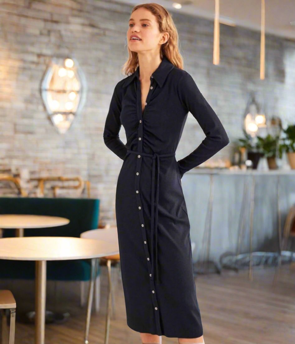 Navy Buttoned Ribbed Midi Shirt Dress