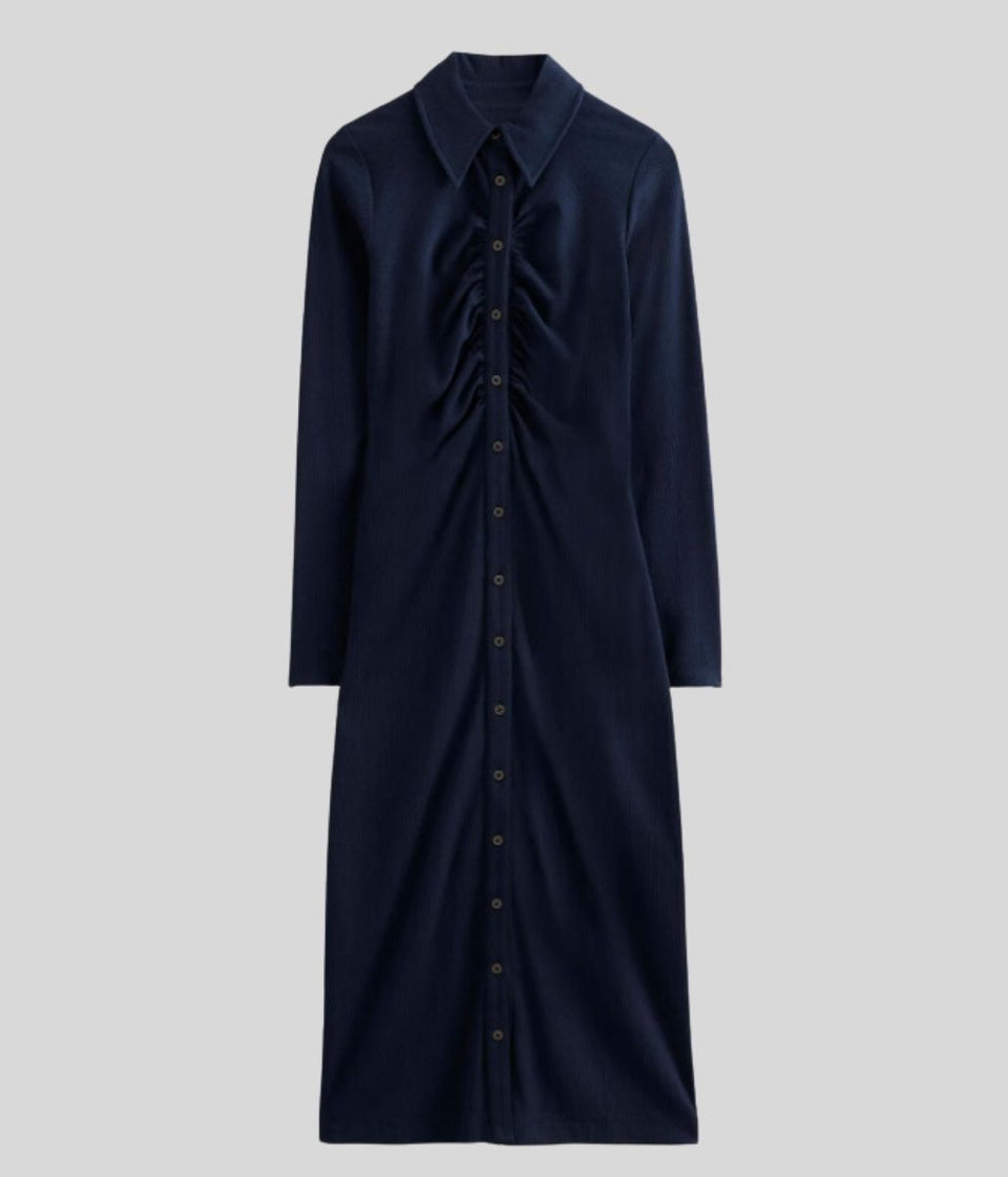 Navy Buttoned Ribbed Midi Shirt Dress