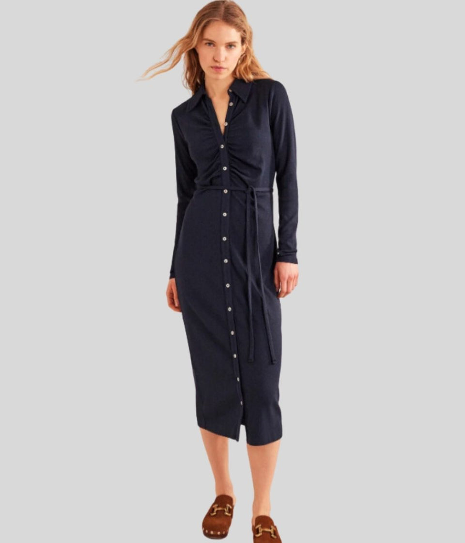 Navy Buttoned Ribbed Midi Shirt Dress