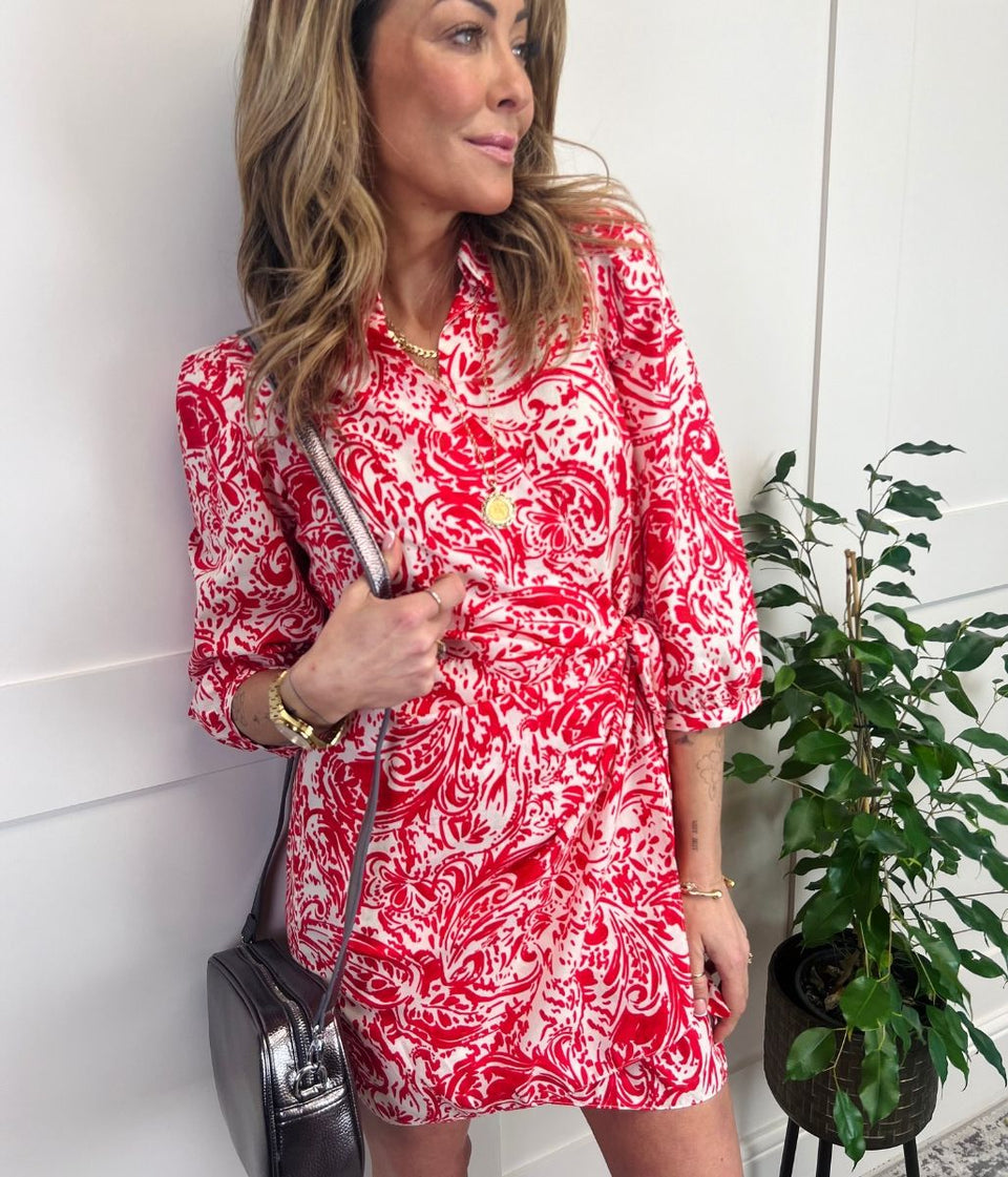 Red Floral Swirl Print Wrap Dress