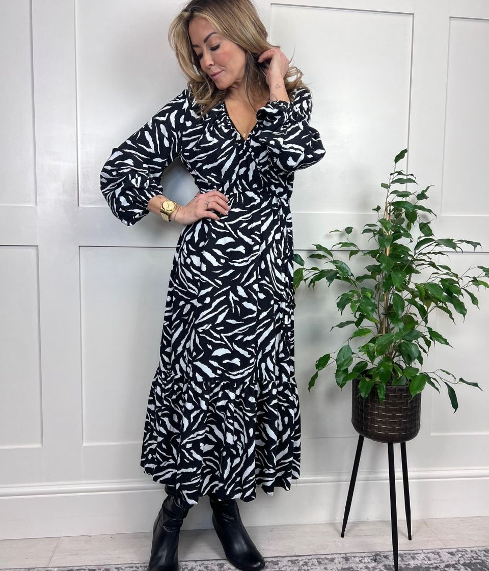 Monochrome Wrap Midi Dress