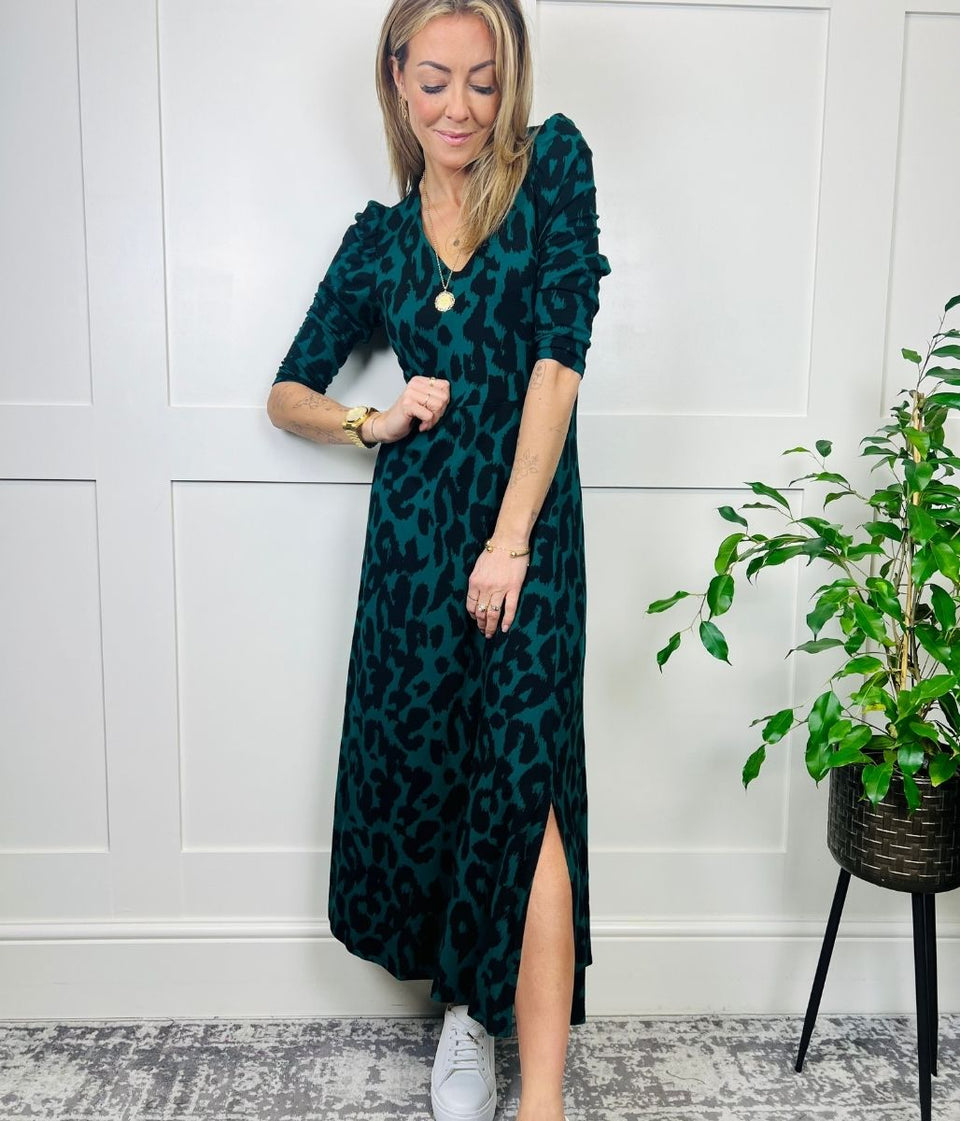 Green Animal Print Midi Dress