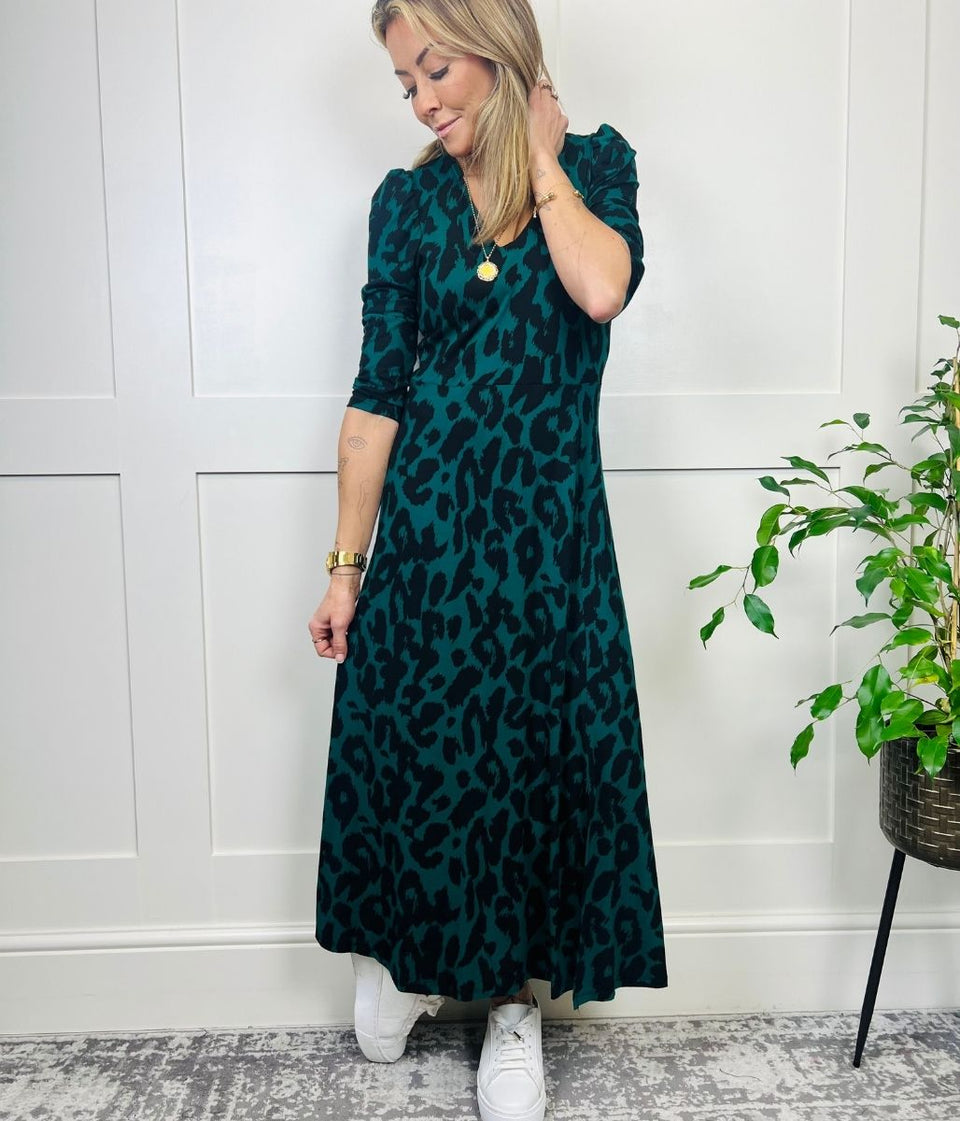 Green Animal Print Midi Dress