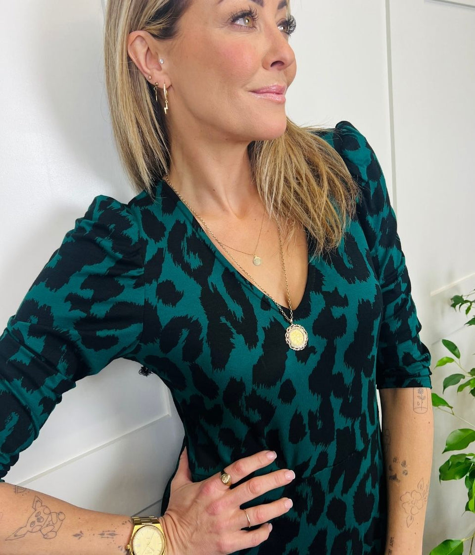 Green Animal Print Midi Dress