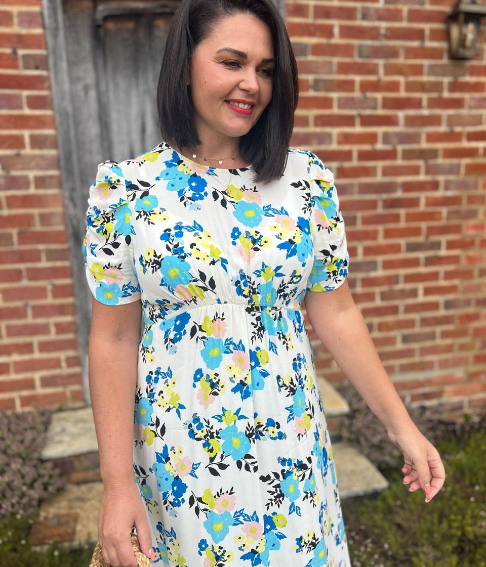 Ivory Floral Print Midi Dress