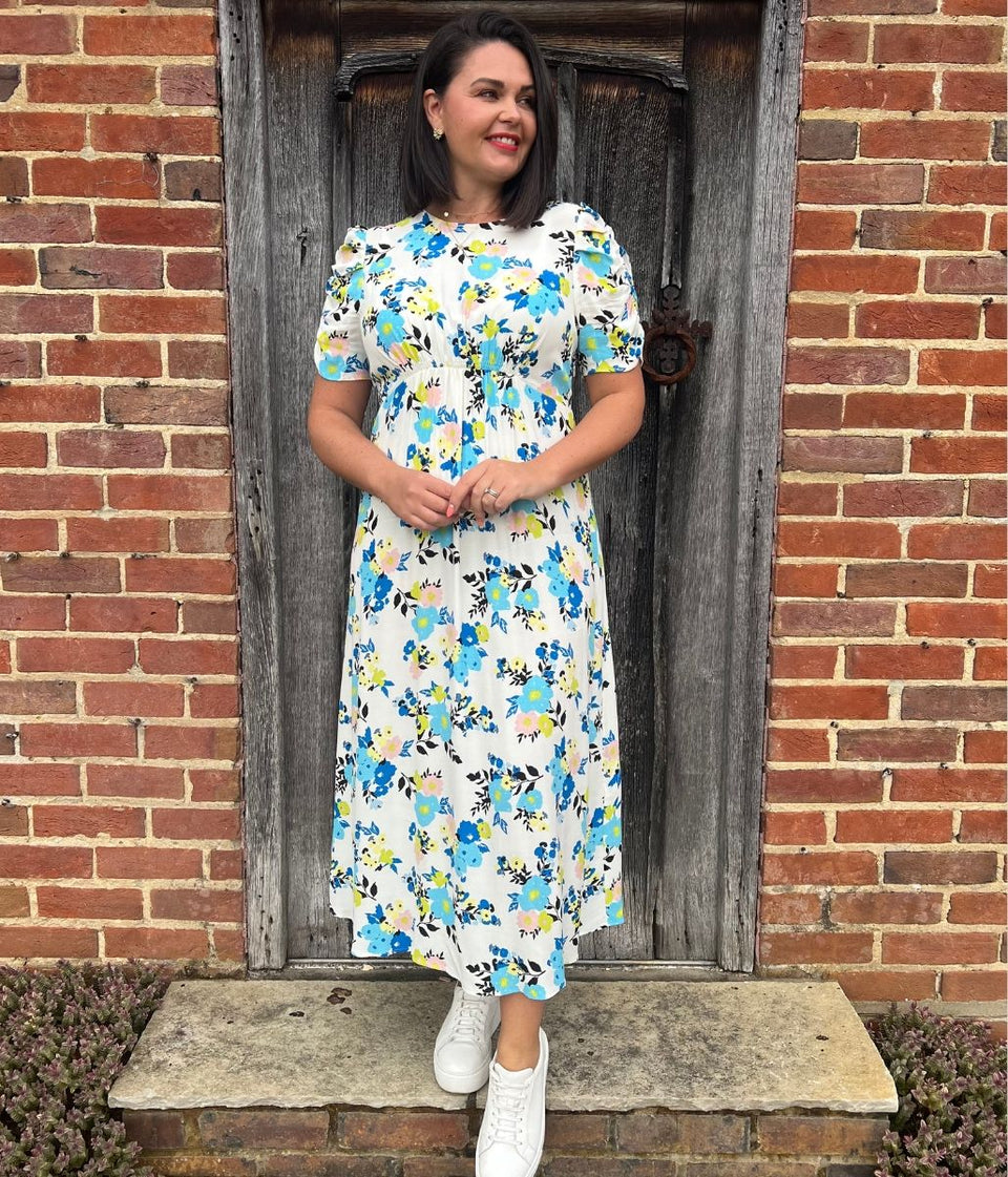 Ivory Floral Print Midi Dress