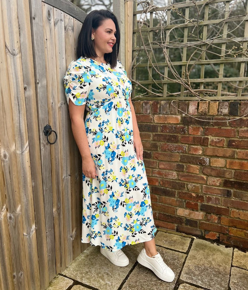 Ivory Floral Print Midi Dress