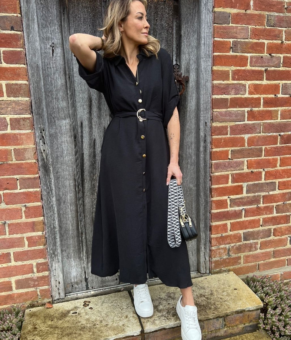 Black Gold Button Shirt Dress