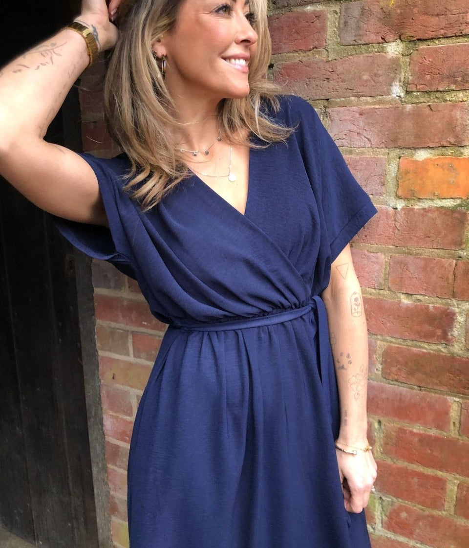 Navy Belted Midaxi Dress