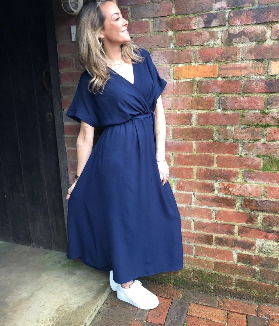 Navy Belted Midaxi Dress