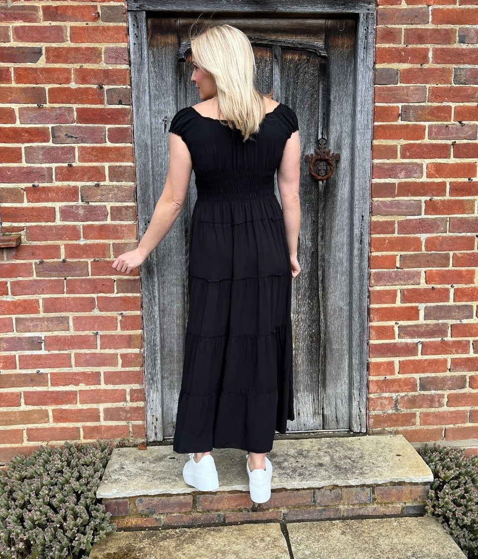 Black Tiered Shirred Midi Dress