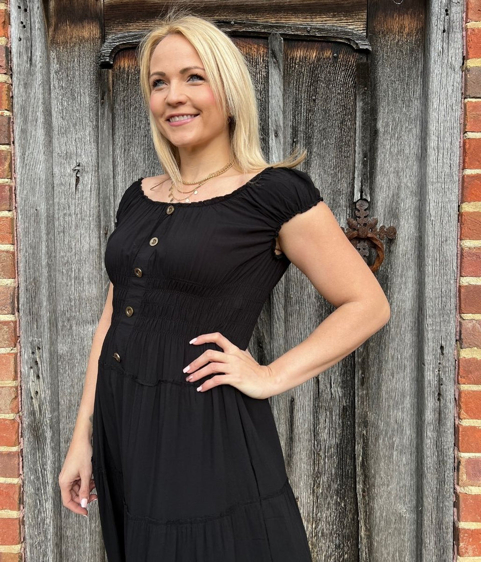 Black Tiered Shirred Midi Dress