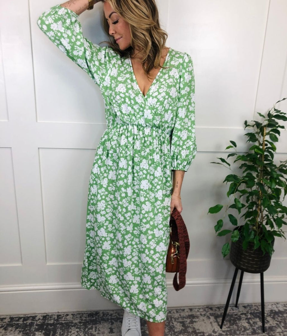 Green Flower Print Midi Dress