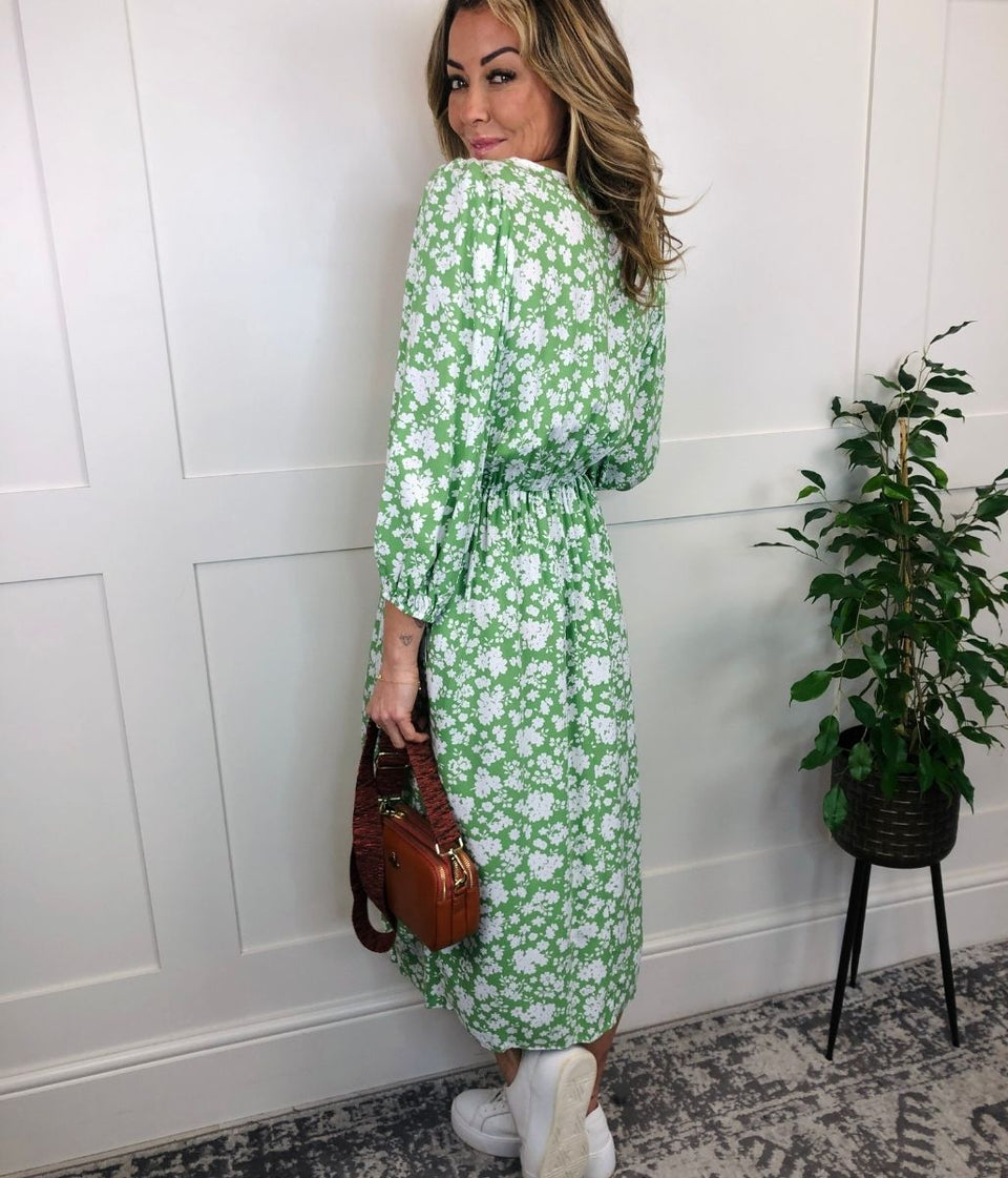 Green Flower Print Midi Dress