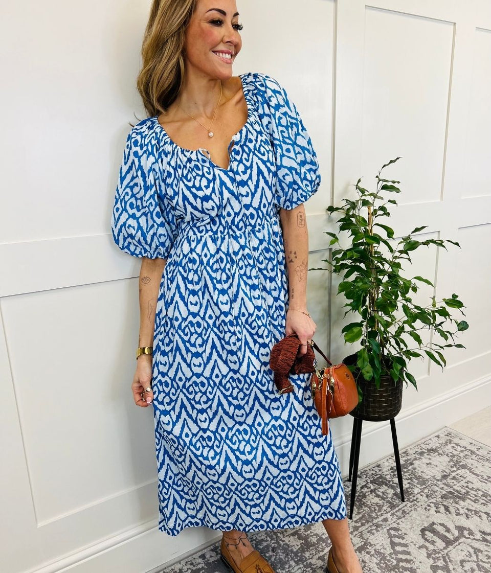 Blue Ikat Print Cotton Midi Dress