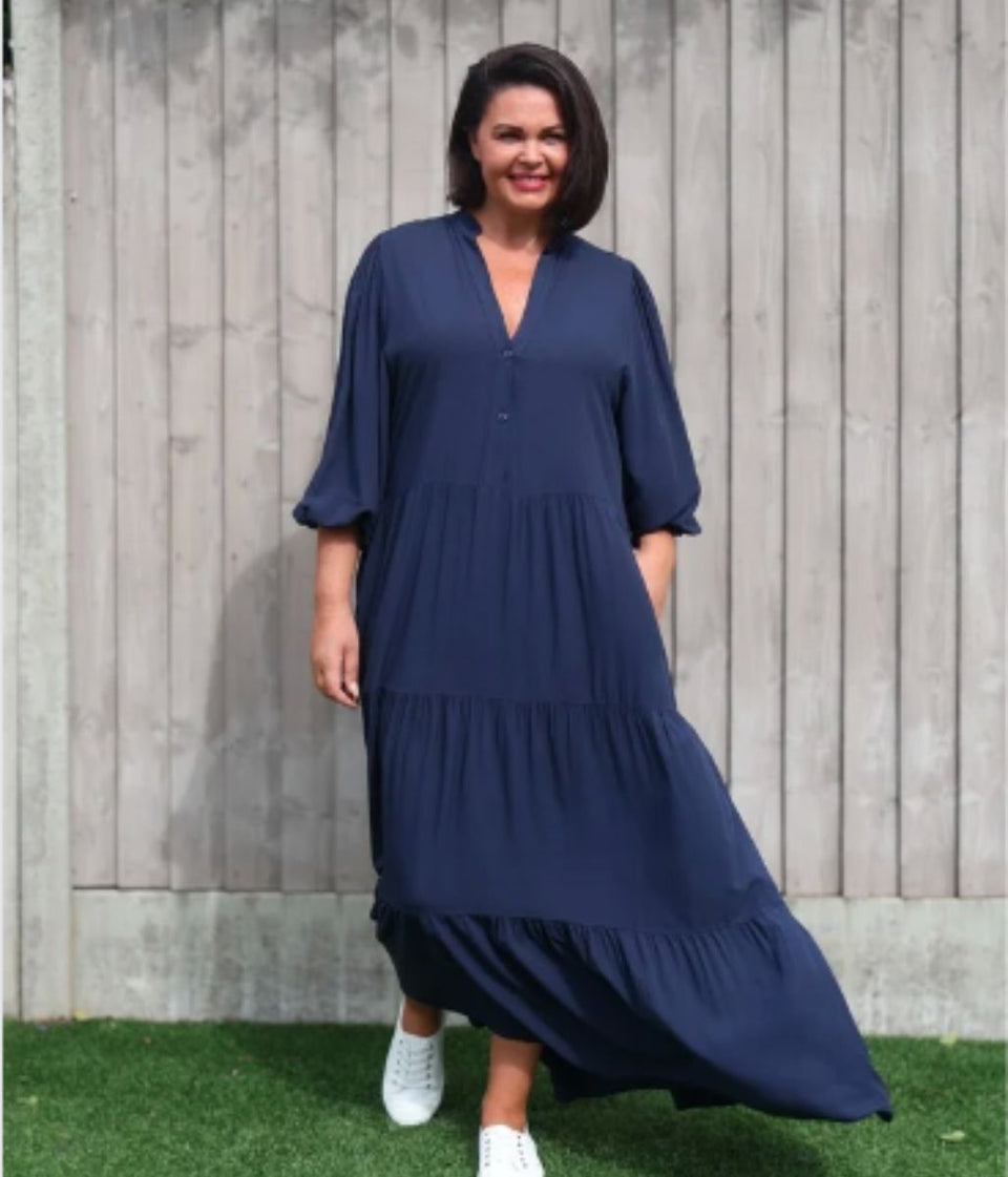 Navy Tiered Maxi Shirt Dress