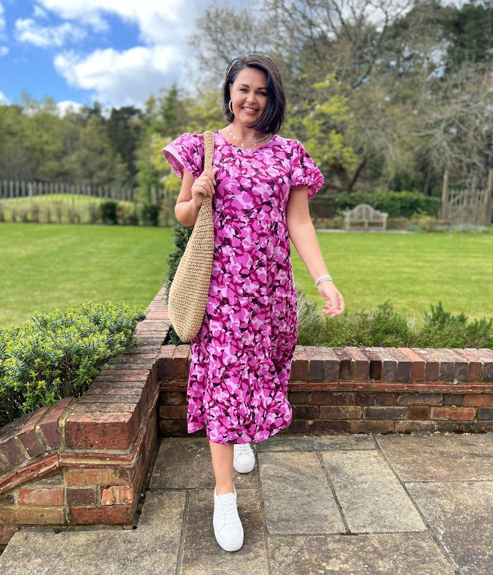 Pink Floral Stretch Midi Dress