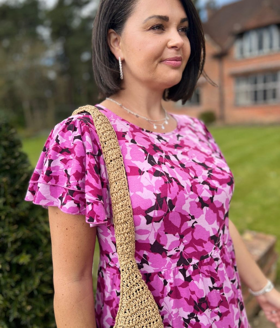 Pink Floral Stretch Midi Dress