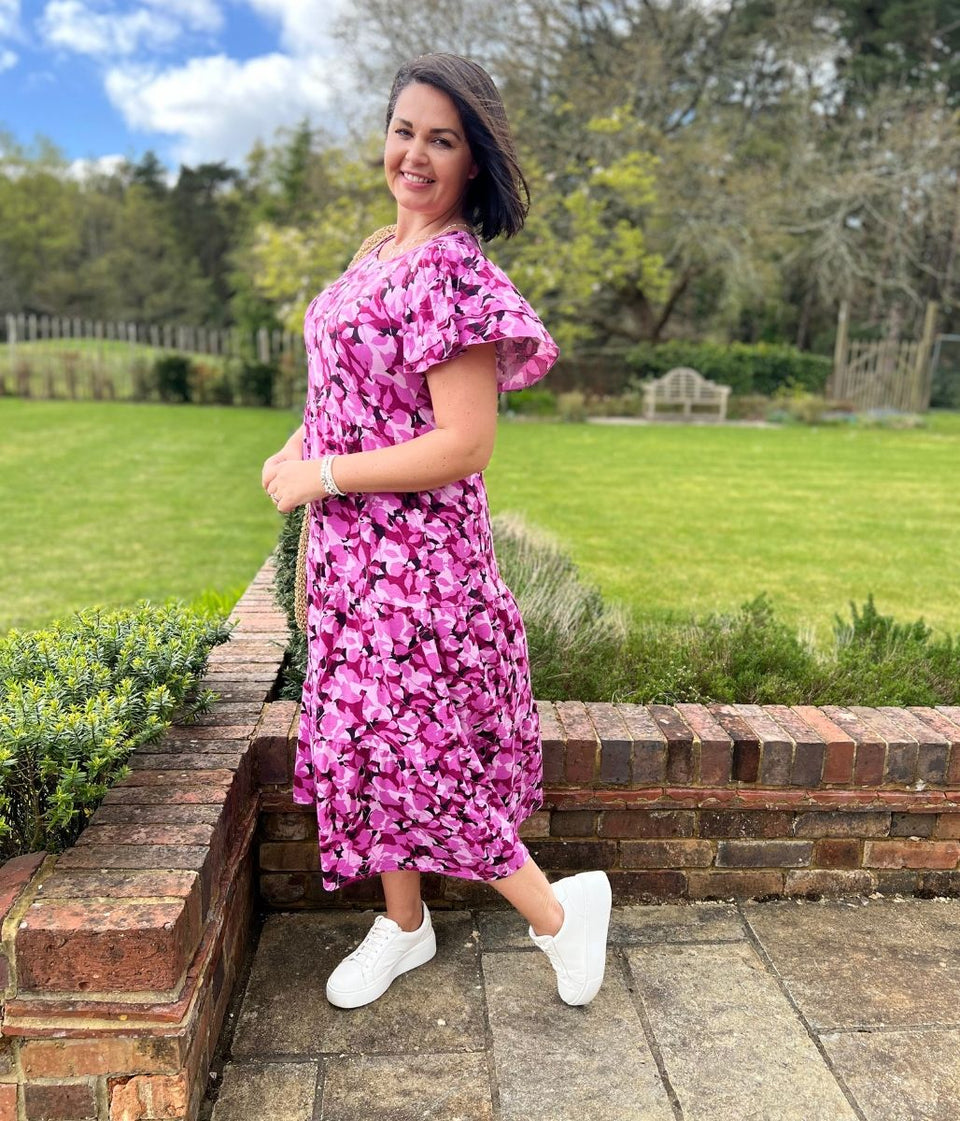 Pink Floral Stretch Midi Dress