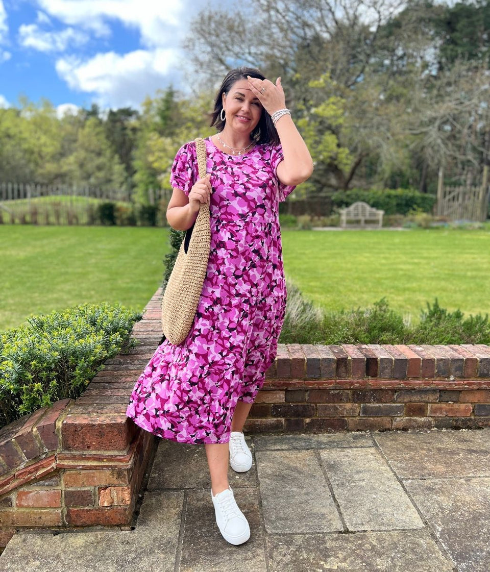 Pink Floral Stretch Midi Dress