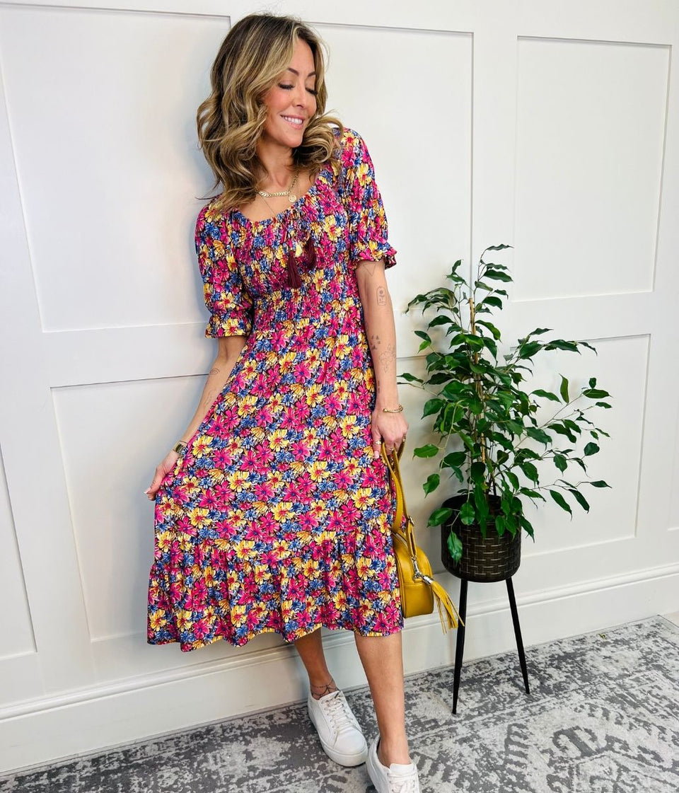 Floral Shirred Tassel Midi Dress