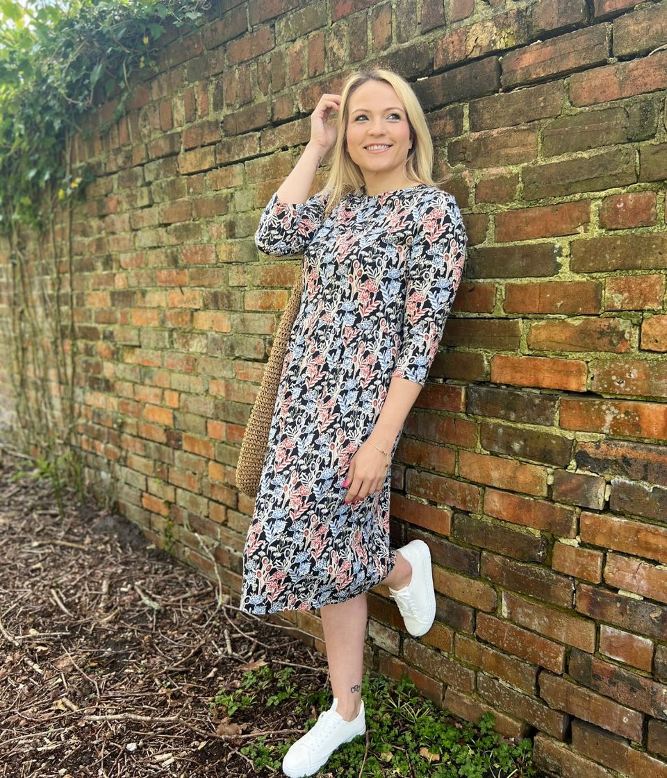 Navy Floral Print Guelder Rose Dress