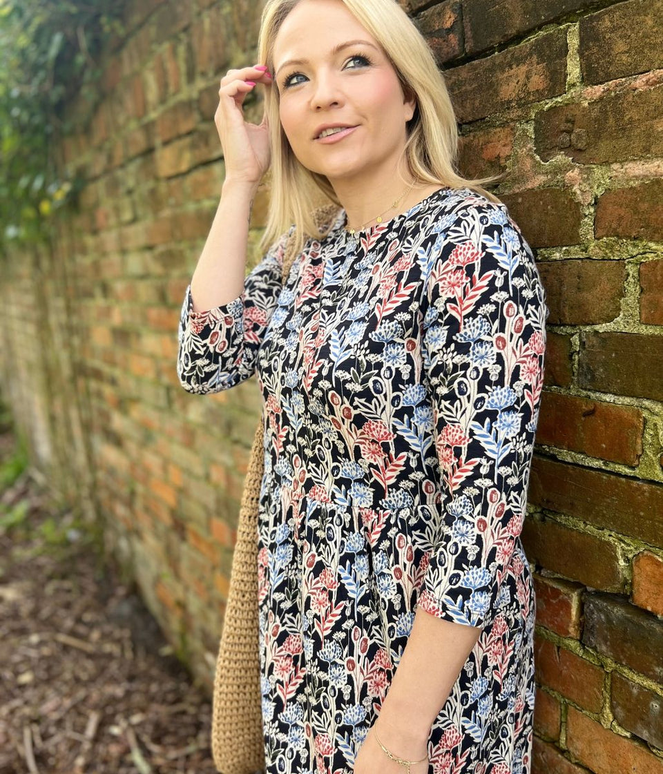 Navy Floral Print Guelder Rose Dress