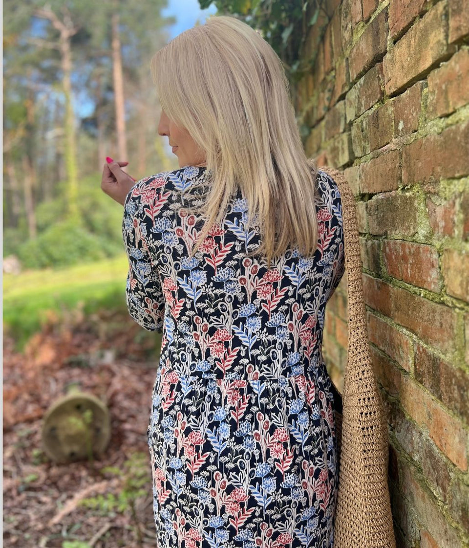 Navy Floral Print Guelder Rose Dress