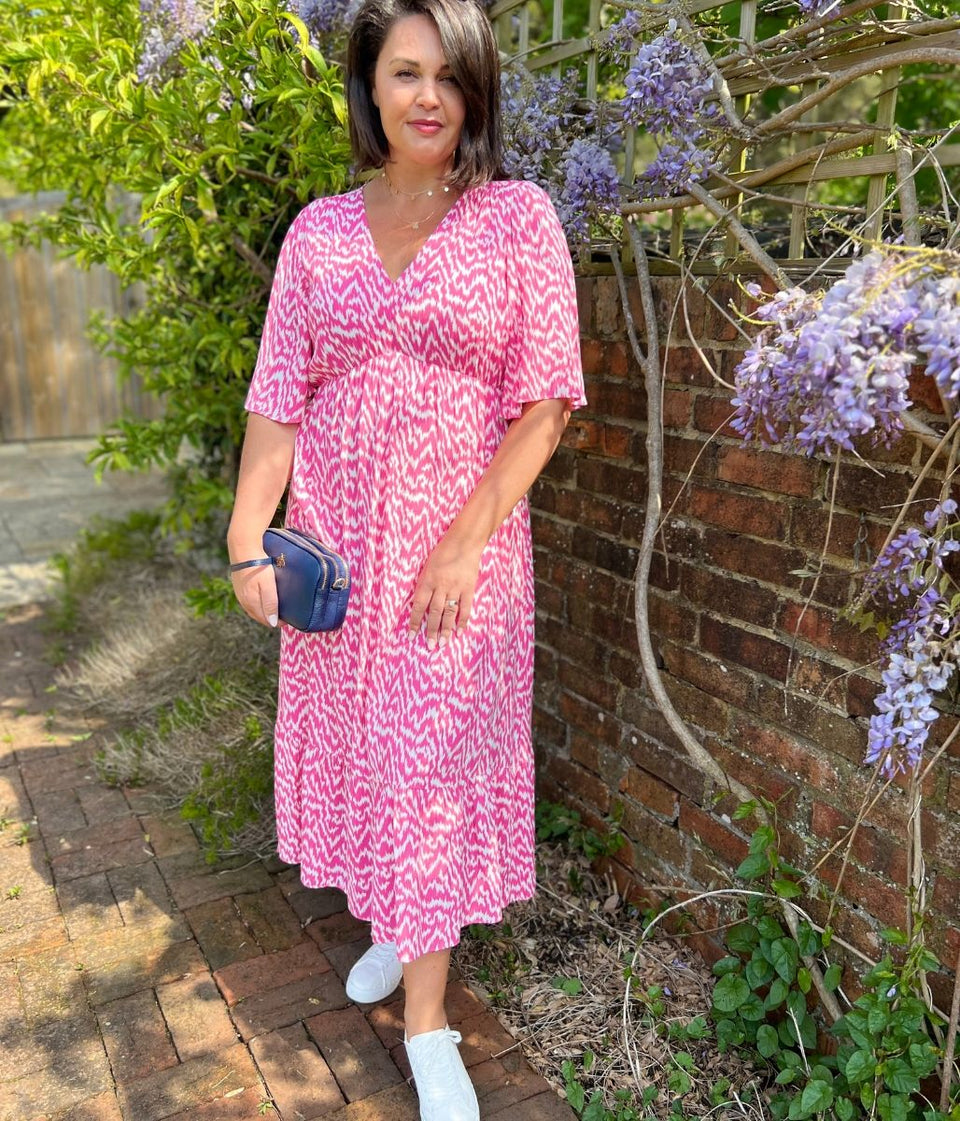 Pink Ikat Print Midi Dress