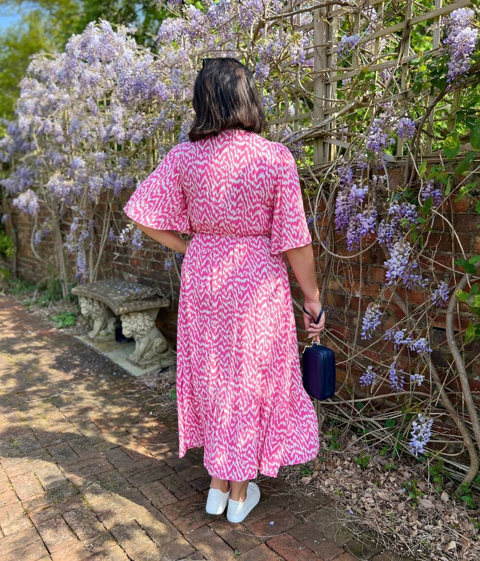 Pink Ikat Print Midi Dress