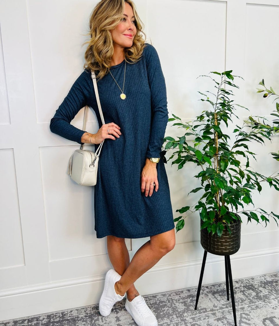 Blue Ribbed Jersey Dress