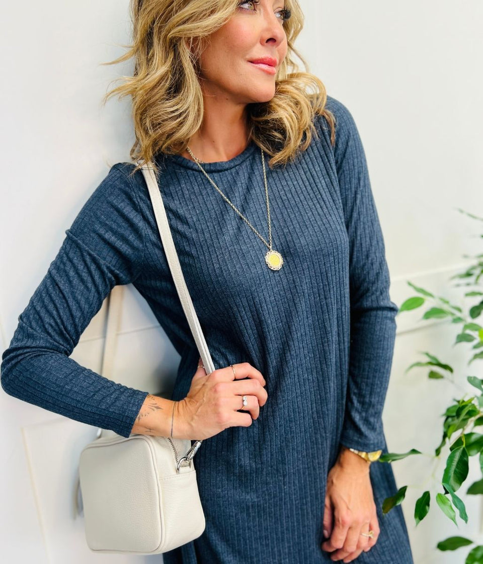 Blue Ribbed Jersey Dress