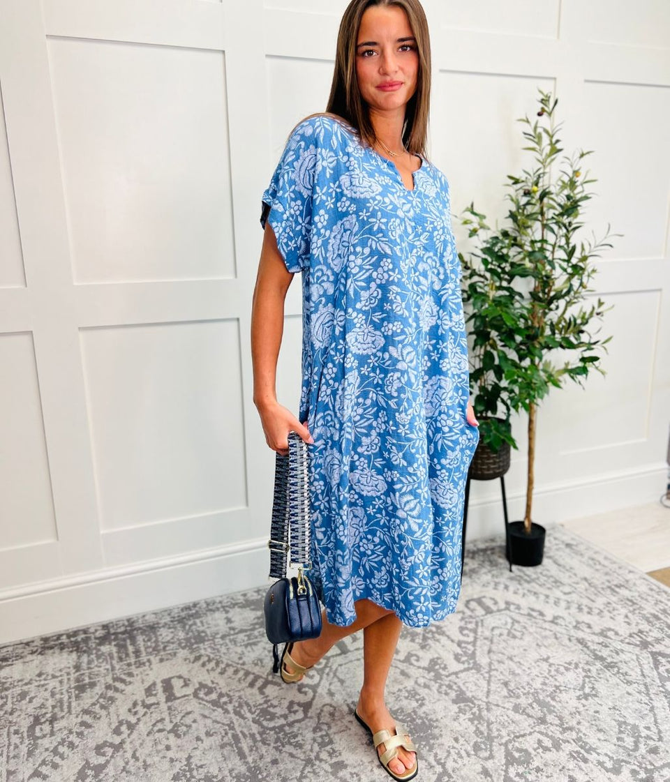 Blue Floral Linen Look Dress