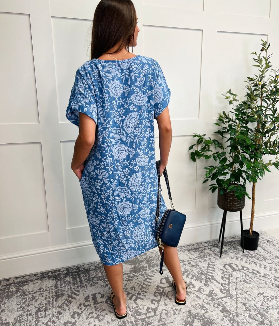 Blue Floral Linen Look Dress