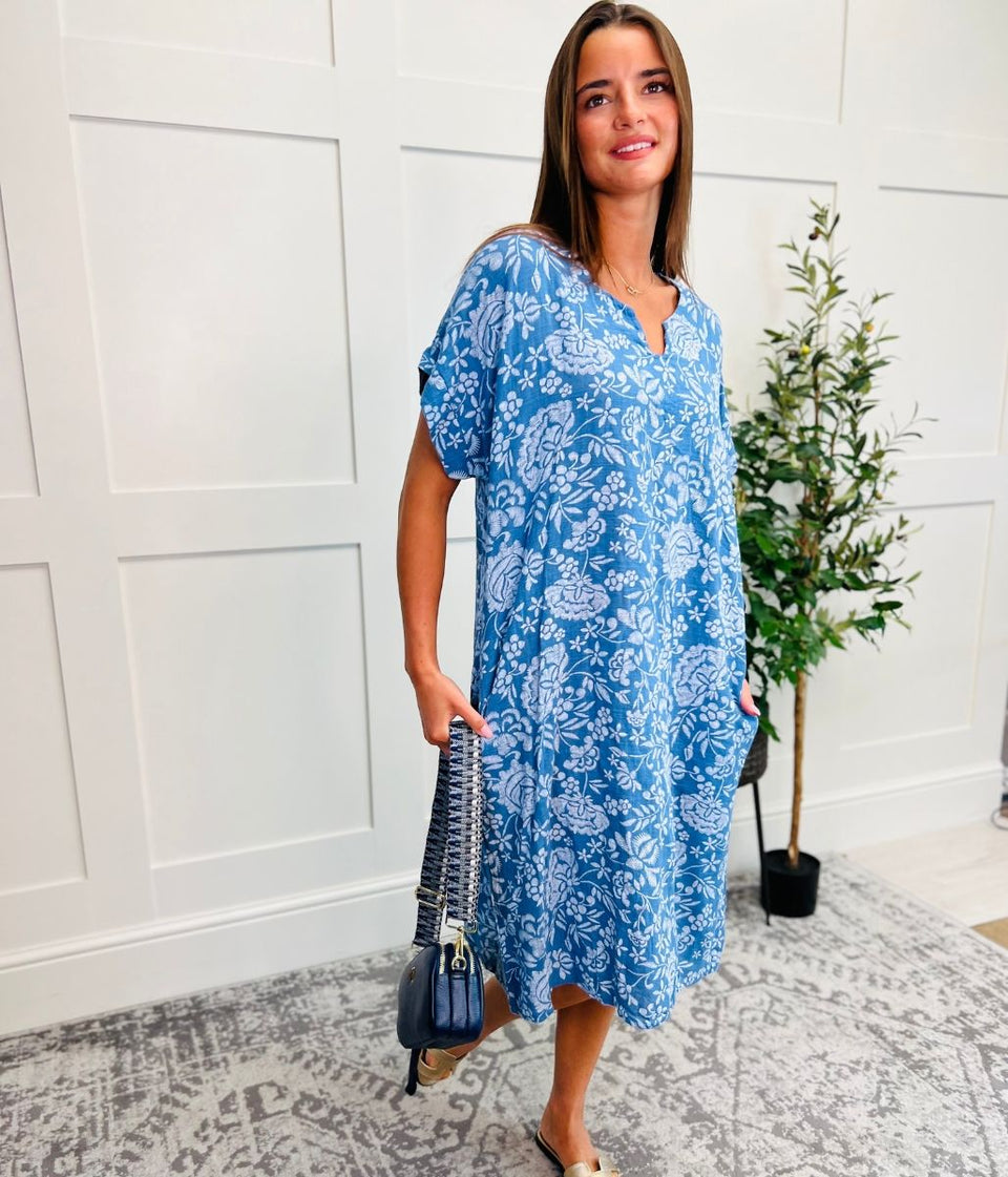 blue linen look dress