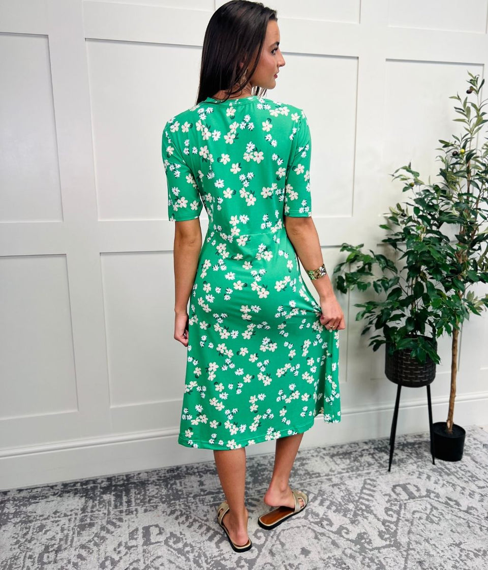 Green & Peach Printed Stretch Fit & Flare Midi Dress