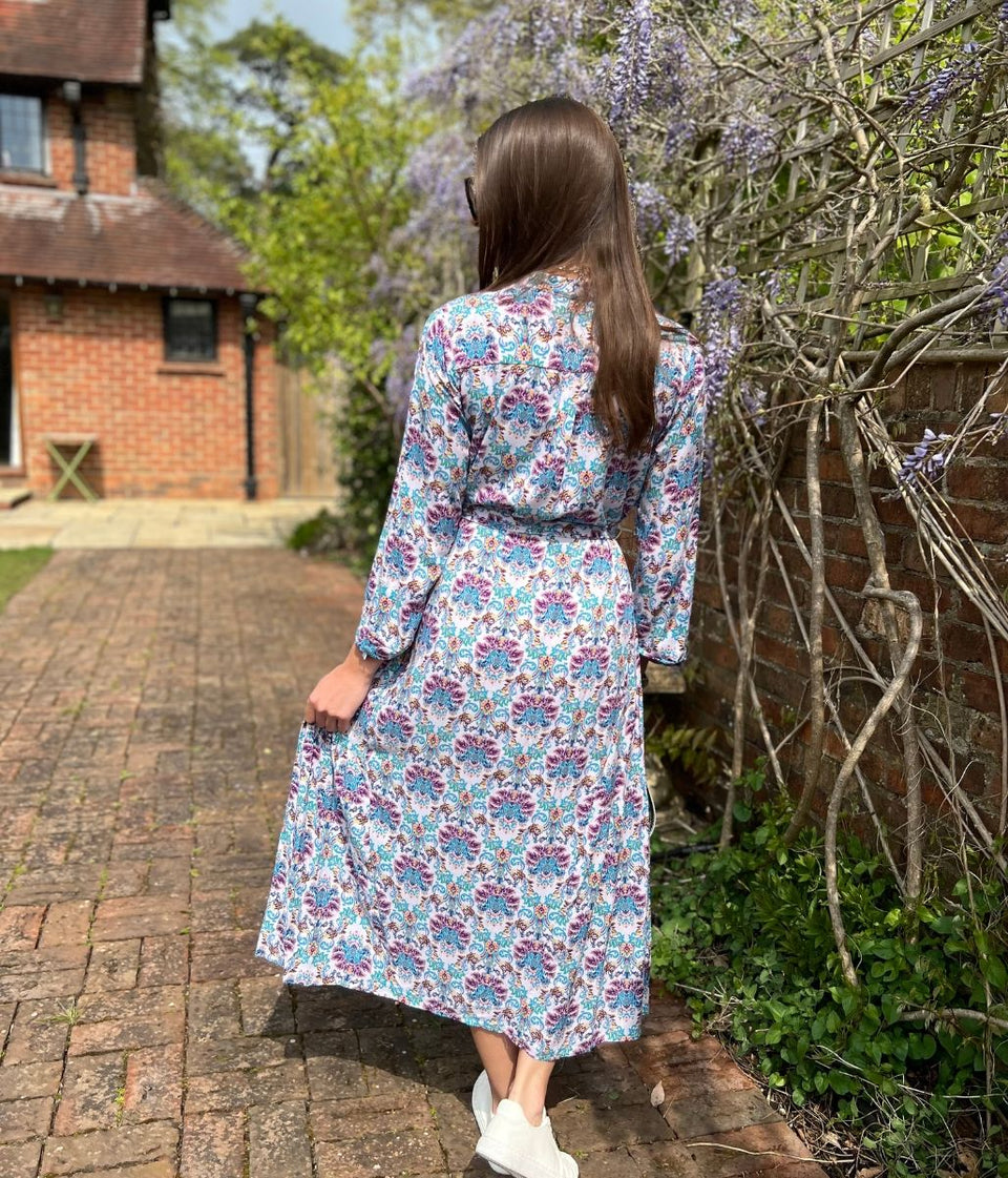 lilac boho summer dress, buttoned in a floral print front back