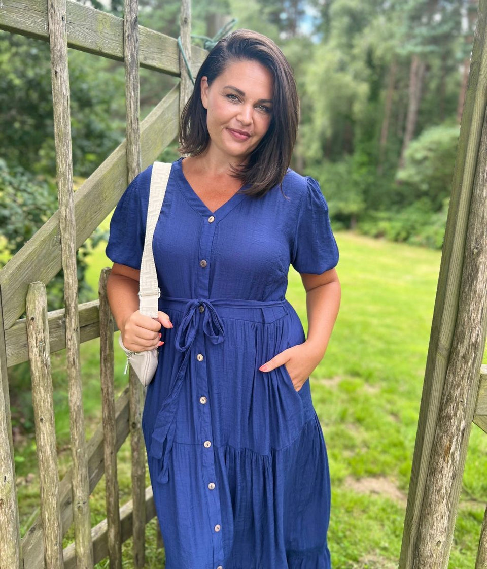 Navy Button Through Maxi Dress