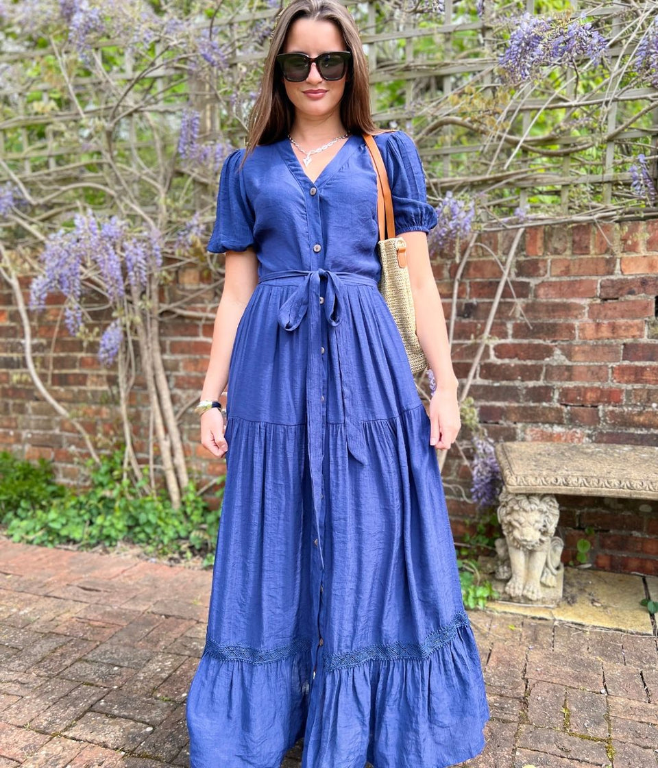 Navy Button Through Maxi Dress