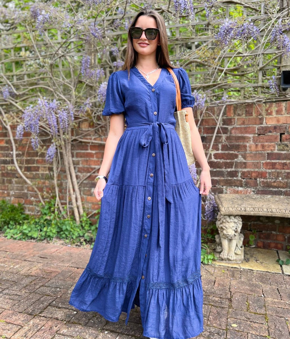 Navy Button Through Maxi Dress