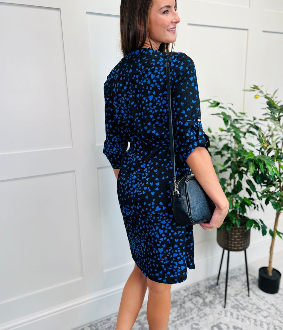 Blue Heart Print Belted Shirt Dress