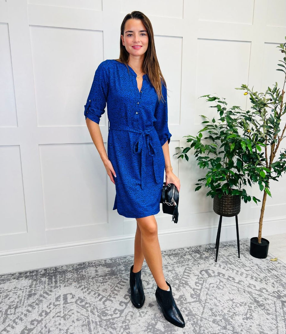 Blue Dotty Print Belted Shirt Dress